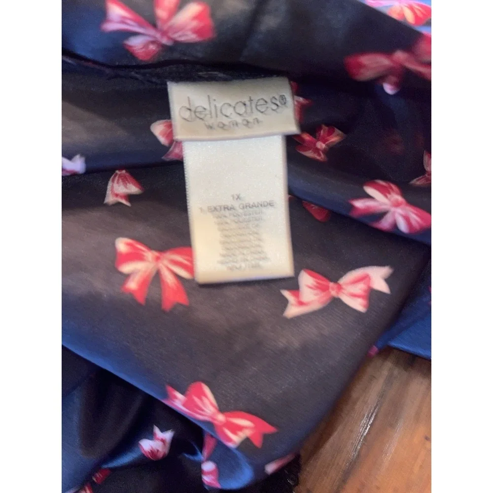 DELICATES WOMENS 1X Black & Pink Bows Lace Trim Pockets Robe‎ House Gown